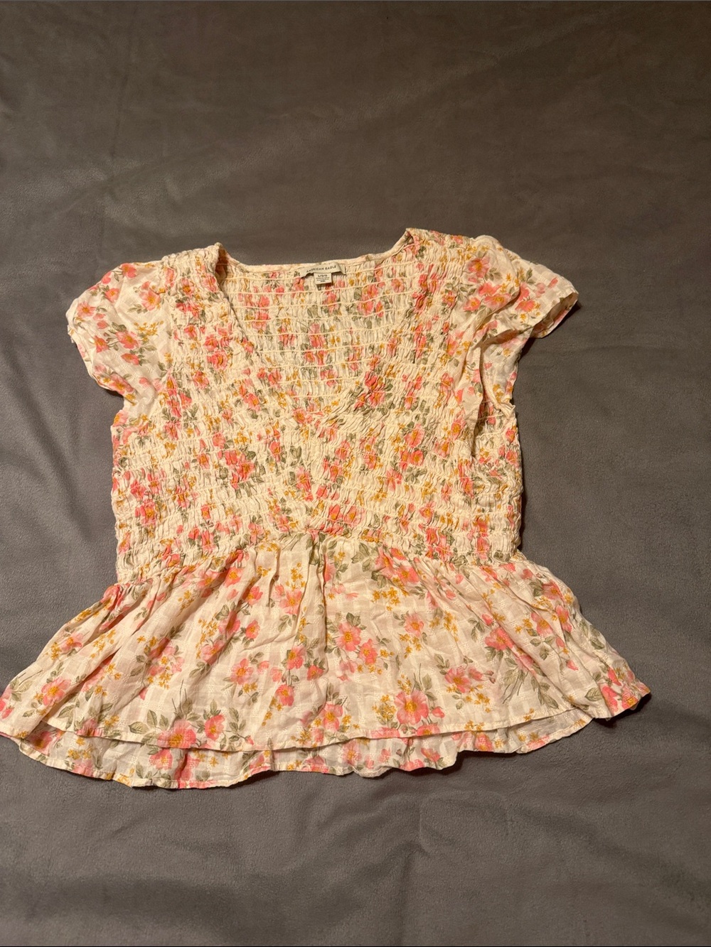 American Eagle Outfitters Cream Floral Smocked Peplum Top